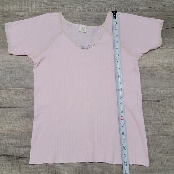 Vintage Wool Blend Baby Tee Short Sleeve Pink Bow Lacey Cottagecore Coquette Top - Picture 5 of 6